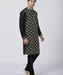 Vastramay Men's Black Cotton Silk Blend Kurta And Churidar Set Buy 1 Get 1