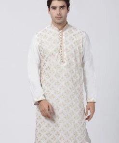 Vastramay Men's White Cotton Silk Blend Kurta Buy 1 Get 1