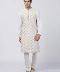 Vastramay Men's White Cotton Silk Blend Kurta And Churidar Set
