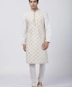 Vastramay Men's White Cotton Silk Blend Kurta And Churidar Set