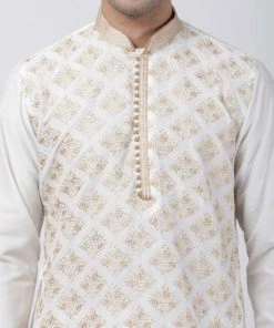 Vastramay Men's White Cotton Silk Blend Kurta And Churidar Set