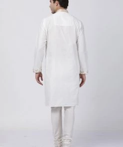 Vastramay Men's White Cotton Silk Blend Kurta And Churidar Set