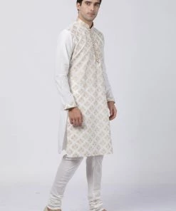 Vastramay Men's White Cotton Silk Blend Kurta And Churidar Set
