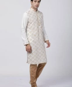 Vastramay Men's White Cotton Silk Blend Kurta And Pyjama Set Buy 1 Get 1