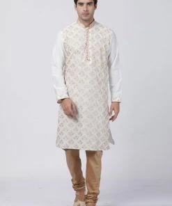 Vastramay Men's White Cotton Silk Blend Kurta And Pyjama Set Buy 1 Get 1