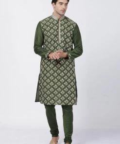 Vastramay Men's Green Cotton Silk Blend Kurta