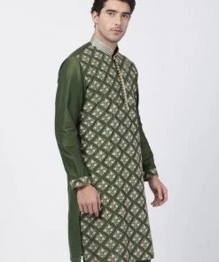 Vastramay Men's Green Cotton Silk Blend Kurta