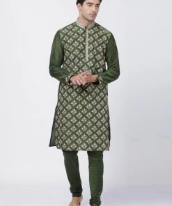 Vastramay Men's Green Cotton Silk Blend Kurta
