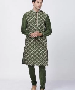 Vastramay Buy 1 Get 1 Men's Green Cotton Silk Blend Kurta And Churidar Set