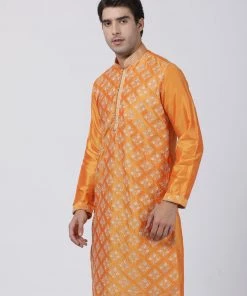 Vastramay Men's Orange Cotton Silk Blend Kurta