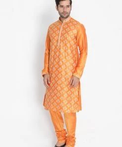 Vastramay Men's Orange Cotton Silk Blend Kurta And Churidar Set Buy 1 Get 1