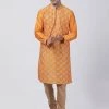 Vastramay Men's Orange Cotton Silk Blend Kurta And Churidar Set 1 Vastramay Men's Orange Cotton Silk Blend Kurta And Churidar Set