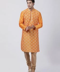 Vastramay Men's Orange Cotton Silk Blend Kurta And Churidar Set