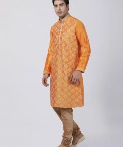 Vastramay Men's Orange Cotton Silk Blend Kurta And Churidar Set