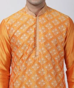 Vastramay Men's Orange Cotton Silk Blend Kurta And Churidar Set