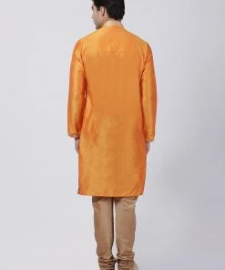 Vastramay Men's Orange Cotton Silk Blend Kurta And Churidar Set