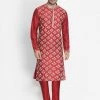 Vastramay Men's Red Cotton Silk Blend Kurta And Pyjama Set