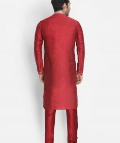 Vastramay Men's Red Cotton Silk Blend Kurta And Pyjama Set