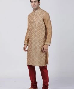 Vastramay Men's Gold Cotton Silk Blend Kurta And Pyjama Set Kurta Sets