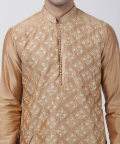 Vastramay Men's Gold Cotton Silk Blend Kurta And Pyjama Set Kurta Sets