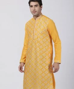 Vastramay Buy 1 Get 1 Men's Yellow Cotton Silk Blend Kurta