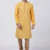 Vastramay Men's Yellow Cotton Silk Blend Kurta And Churidar Set