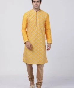 Vastramay Men's Yellow Cotton Silk Blend Kurta And Churidar Set