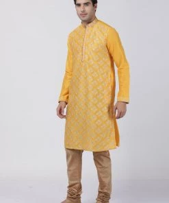 Vastramay Men's Yellow Cotton Silk Blend Kurta And Churidar Set