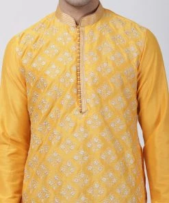 Vastramay Men's Yellow Cotton Silk Blend Kurta And Churidar Set