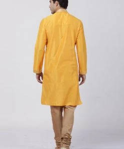 Vastramay Men's Yellow Cotton Silk Blend Kurta And Churidar Set