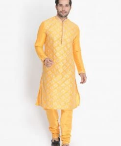 Vastramay Buy 1 Get 1 Men's Yellow Cotton Silk Blend Kurta And Churidar Set