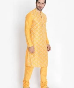 Vastramay Buy 1 Get 1 Men's Yellow Cotton Silk Blend Kurta And Churidar Set