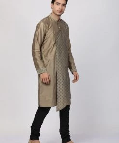 Vastramay Men's Copper-toned Cotton Silk Blend Kurta And Churidar Set