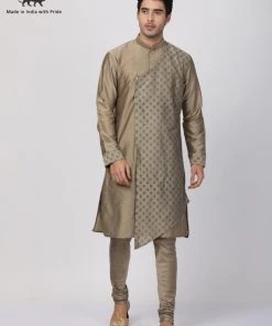 Vastramay Men's Copper-toned Cotton Silk Blend Kurta And Churidar Set