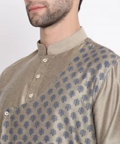 Vastramay Baap Beta Chiku Silk Blend Printed Angrakha Design Kurta Pyjama Set