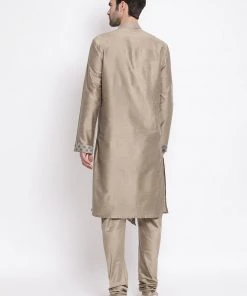 Vastramay Baap Beta Chiku Silk Blend Printed Angrakha Design Kurta Pyjama Set