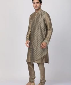 Vastramay Men's Copper-toned Cotton Silk Blend Kurta And Churidar Set