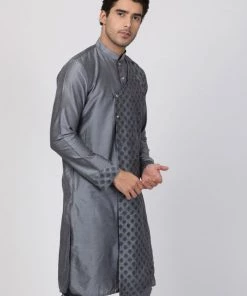 Vastramay Men's Grey Cotton Silk Blend Kurta