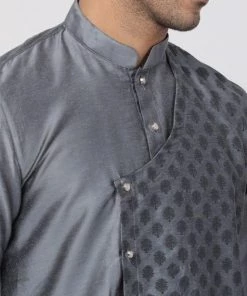 Vastramay Men's Grey Cotton Silk Blend Kurta