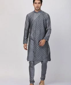 Vastramay Men's Grey Cotton Silk Blend Kurta