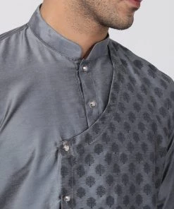 Vastramay Men's Grey Cotton Silk Blend Kurta And Churidar Set