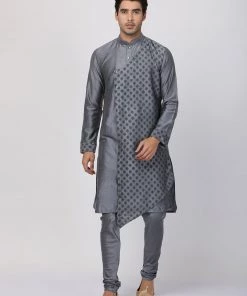 Vastramay Men's Grey Cotton Silk Blend Kurta And Churidar Set
