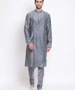 Vastramay Baap Beta Grey Silk Blend Printed Angrakha Design Kurta Pyjama Set