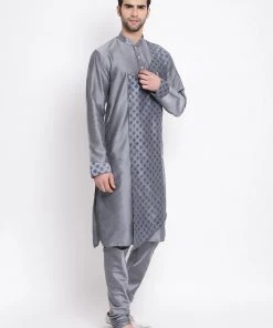 Vastramay Baap Beta Grey Silk Blend Printed Angrakha Design Kurta Pyjama Set