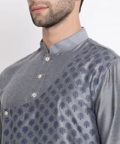 Vastramay Baap Beta Grey Silk Blend Printed Angrakha Design Kurta Pyjama Set