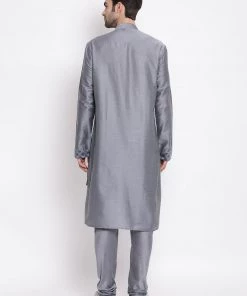 Vastramay Baap Beta Grey Silk Blend Printed Angrakha Design Kurta Pyjama Set