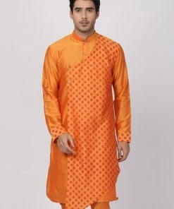 Vastramay Men's Orange Cotton Silk Blend Kurta
