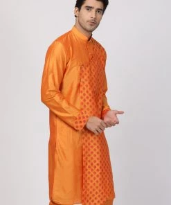 Vastramay Men's Orange Cotton Silk Blend Kurta