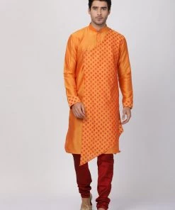 Vastramay Men's Orange Cotton Silk Blend Kurta And Churidar Set