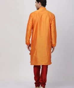 Vastramay Men's Orange Cotton Silk Blend Kurta And Churidar Set